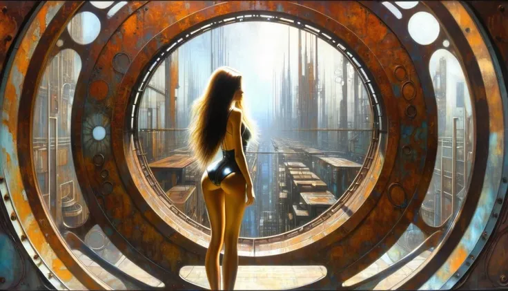 large futuristic room made of rusty metal, full body sexy girl long hair, futuristic sexy girl, futuristic rusty metal window, circular, circular window shape, views of rusty metal futuristic city, Artwork inspired by Dave Mckean, intricate details, oil pa...