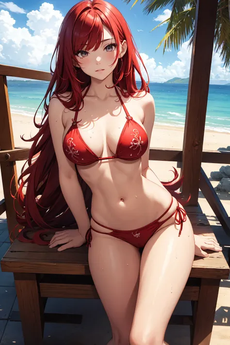 ​masterpiece、Background with（（sea side、sand beach））、15yo student、a beauty girl、Red hair、huge tit、Detailed embroidery on the bikini、 Get on your knees、Open your crotch、sexypose、perspiring、Hair wetness