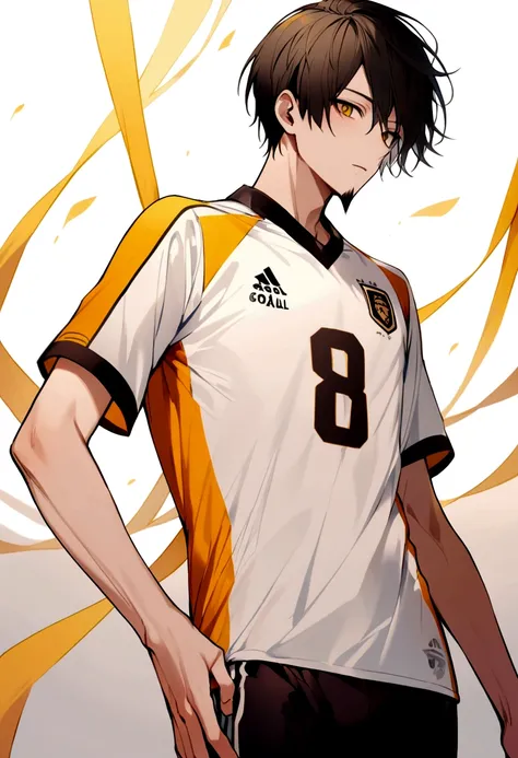 A skinny 20 year old boy with 1,80 tall with black soccer shorts ,black belly. White football jersey with goatee, short cut hair