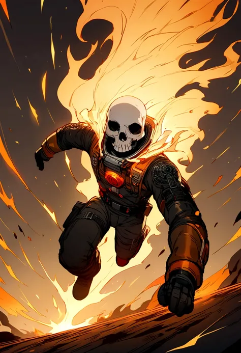 Skull-headed astronaut running over fire