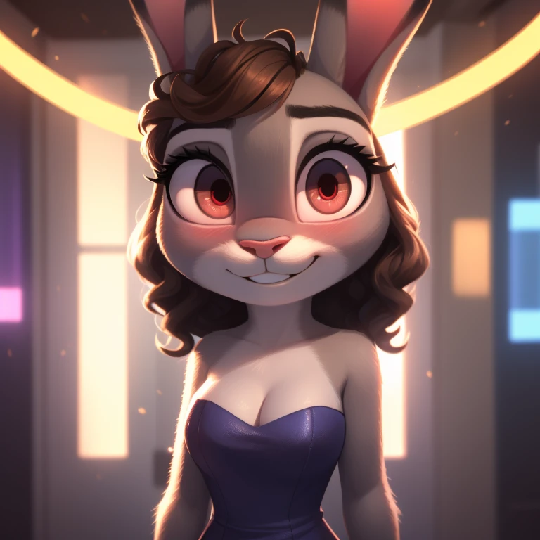 Judy Hopps, strapless tight dress, cleavage, two-tone hair (brown hair, black tip)), curly hair, halo, sunglasses, jewelry, red eyes, longeyelashes, red eyes, smile, shy, blush, high detail, masterpiece, UHD, anatomically correct, super detail, highres, 4K