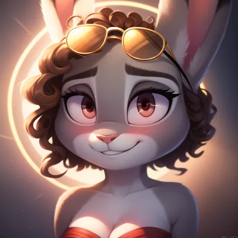 judy hopps, strapless tight dress, cleavage, two-tone hair (brown hair, black tip)), curly hair, halo, sunglasses, jewelry, red ...