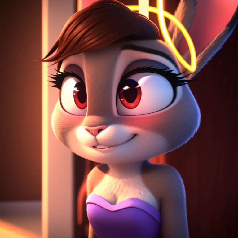 judy hopps, strapless tight dress, cleavage, two-tone hair (brown hair, black tip)), curly hair, halo, sunglasses, jewelry, red ...