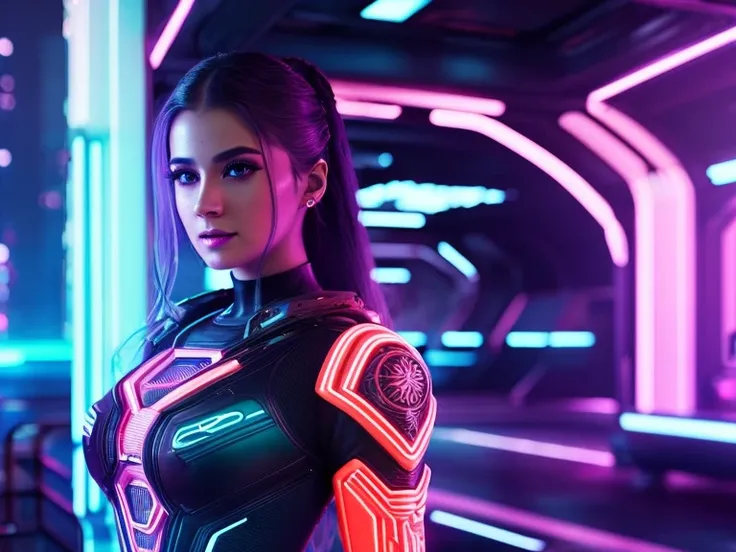 A beautiful detailed girl standing in a futuristic cyberpunk city, neon lights, glowing glass architecture, holograms, advanced technology, detailed face, piercing eyes, detailed lips, long eyelashes, stunning intricate outfit, dynamic pose, cinematic ligh...