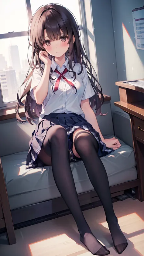 (8K、Best image quality、Highest quality、masterpiece)、One tall girl、((Full body))、Sit on the floor with your legs spread apart、White panties are visible、Long Hair、Wavy Hair、blush、Moderate bust、White collared shirt、Short sleeve、((Plaid pleated mini skirt))、Cl...