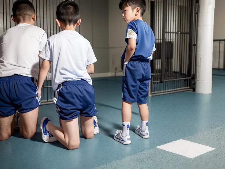 prison cell、 regression、prison officers abuse、、forced to wear diapers、kneel、boy rapes boy、boy in gym clothes、blue shorts、shorter...