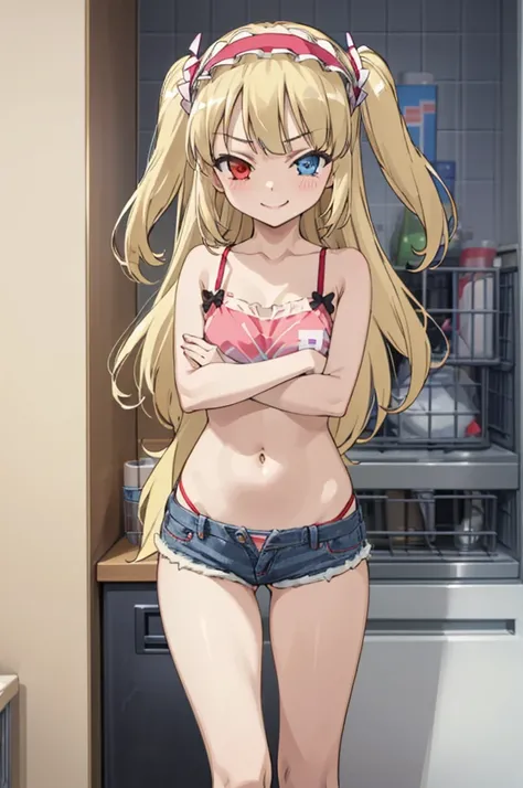 (((pixel-perfect, detail-perfect))), solo, 1girl, kobato hasegawa, heterochromia, red eyes,camisole,navel,denim shorts,socks,my room, hairband, looking at viewer, smirk, smile