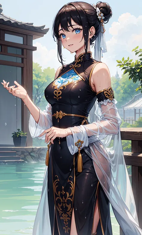 Top quality，Optimal resolution，(Wet Princess Dress），Very detailed, She has a pair of white ponytails，Young women，charm，Design intricate clothes，blue eyes，Huangui Yunguangtian，Elegant and charming，((Wet people，it&#39;s foggy，water))，Leg ring，Anklets，night，S...