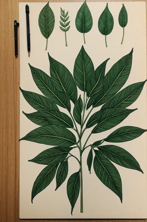 28 green leaves in one stem drawing type