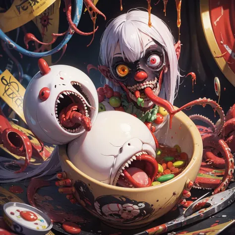 anime model , a painting of a zombie eating a bowl filled with various pharmaceutical capsules a hyperrealistic painting, by Jason Edmiston, cutecore clowncore, mixture of creatures with tentacles, horror wallpaper aesthetic, greg beeple, clown, art repres...