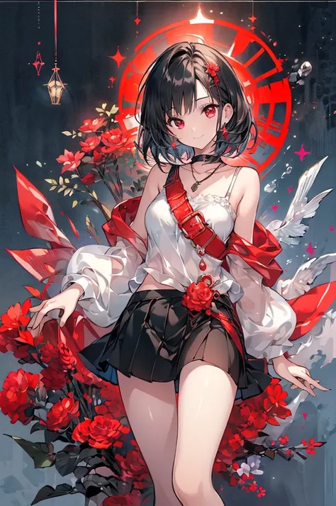 (masterpiece, highest quality, highest quality, (No text), Beautiful and aesthetic:1.2),No text,アニメ、 high resolution　BREAK,One Girl，Short black hair　Beautiful eyes　Red eyes　Beautiful girl　cool　smile　Black Coat　mini skirt　foot　Night view　Detailed eyes and f...