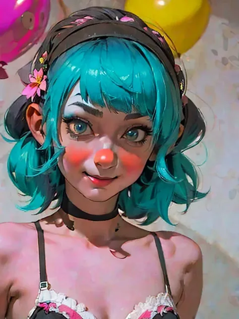 a clown with blue hair and red clown make-up、surrounded by red balloons, cutecore pierrotcore, 不気味なclown girl, scary clown, clow...