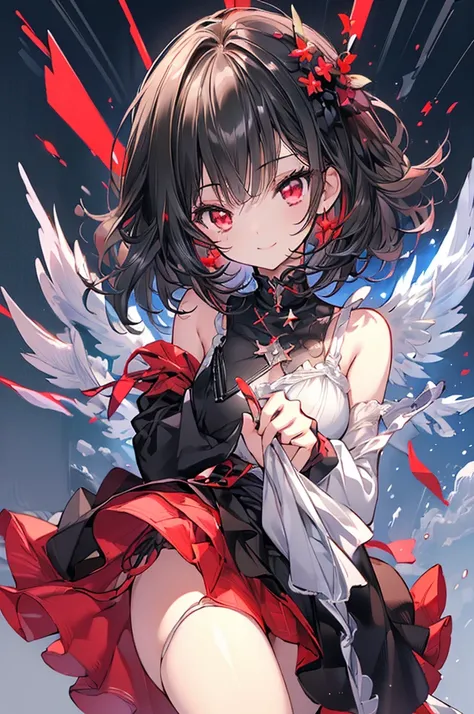 (masterpiece, highest quality, highest quality, (No text), Beautiful and aesthetic:1.2),No text,アニメ、 high resolution　BREAK,One Girl，Short black hair　Beautiful eyes　Red eyes　Beautiful girl　cool　smile　Black Coat　mini skirt　foot　Night view　Detailed eyes and f...