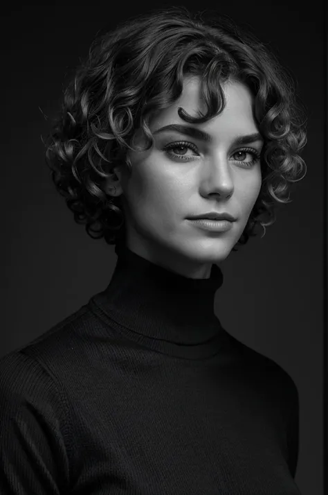 photo-bw, human-likeness, photomodel, bob hair, curly hair, black turtleneck sweater, grey background portrait-medium shot