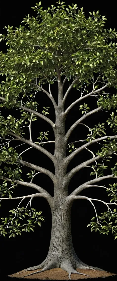 Create a high definition image of a realistic family tree, the tree has four branches, two on each side, black background.