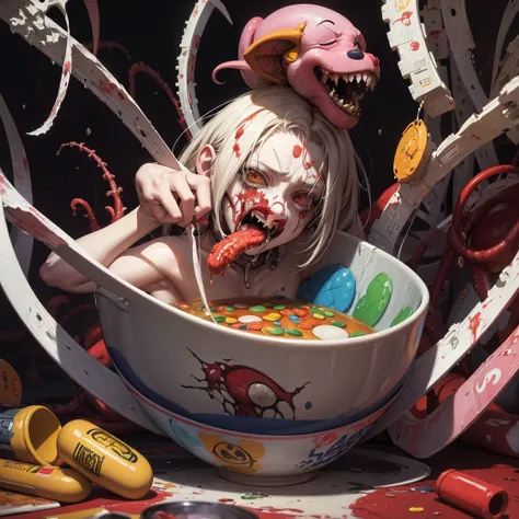 anime model ,drug capsule, a painting of a zombie eating a bowl filled with various pharmaceutical capsules a hyperrealistic painting, by Jason Edmiston, cutecore clowncore, mixture of creatures with tentacles, horror wallpaper aesthetic, greg beeple, clow...