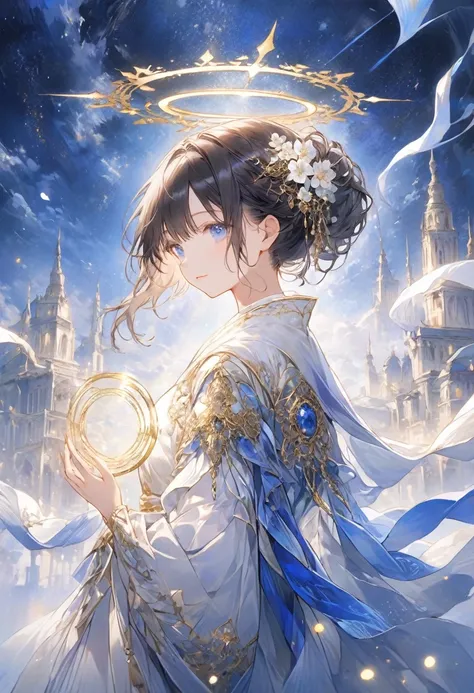 masterpiece, best quality, ultra detailed, sparkling eyes, beautiful detailed eyes, A young woman with dark hair styled in an intricate updo adorned with white flowers, standing in a fantastical setting under a starry night sky. She has large, expressive b...