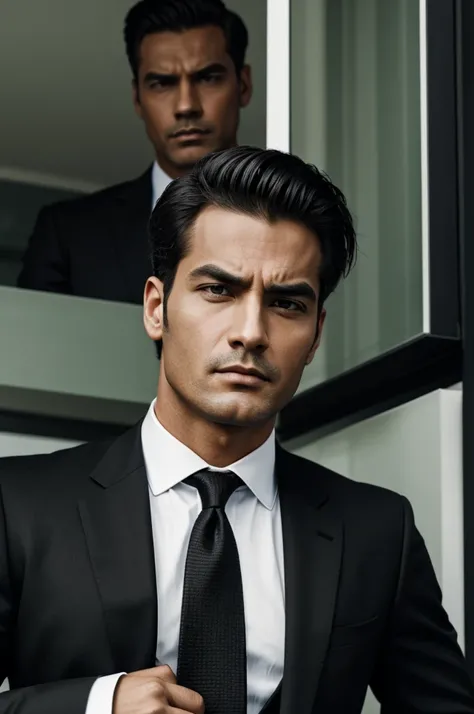 A Tycoon man with a serious face and a black suit and tie