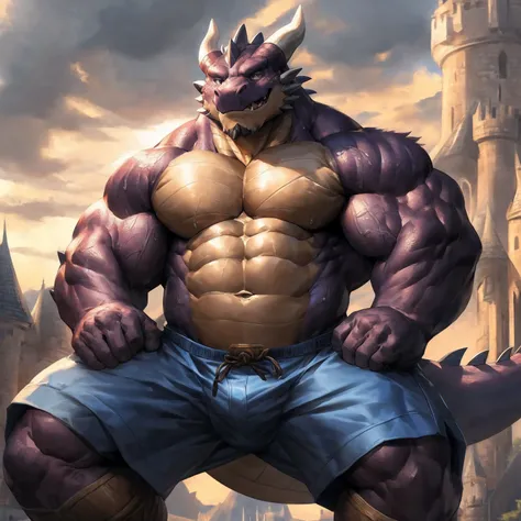 human nature, cannon, male, solitary, ((the strong，Handsome)), ((dragon) fur), Chibo，Six-pack abs，(Western castle background)，cloudy day，Blue shorts，Sweat:1.3,White Socks，high quality, (4K,high quality, high resolution, masterpiece), Front view (close up),...