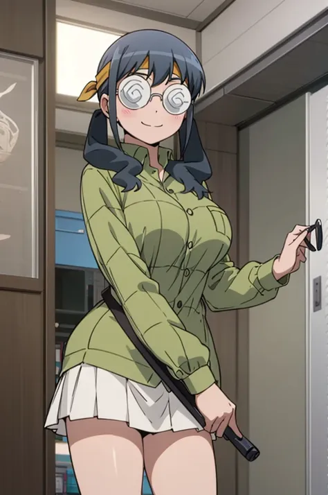 solo, 1girl,, saori makishima, twintails, headband, shirt, opaque glasses, coke-bottle glasses, huge breasts,my room,miniskirt,smile,looking viewer