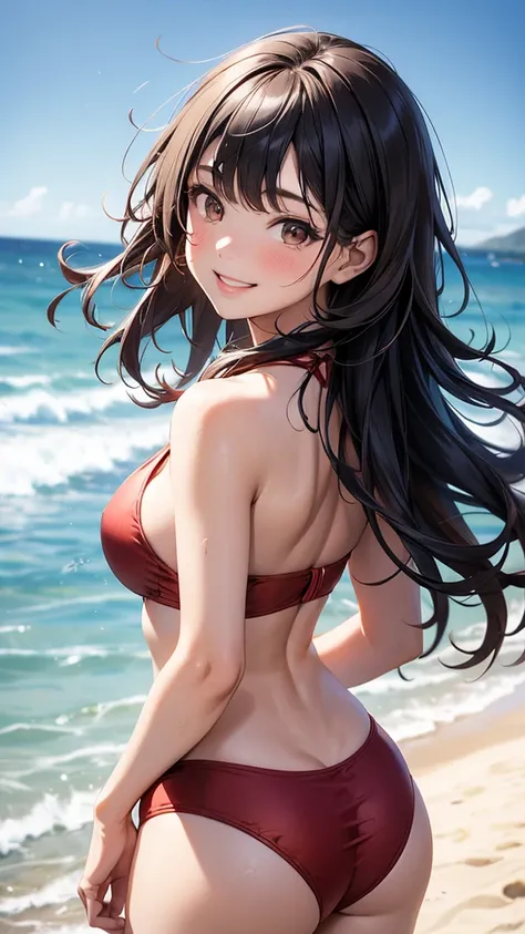 1girl, solo, bangs, black wavy hair, parted lips, brown eyes, long hair, smile, solo, two piece red halter swimsuit, sandy pier background, smiling, back turned 