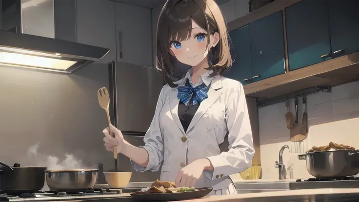 In one girl、fun、High school blazer with popular design、white shirt、pleated skirt、white skirt、（small breasts, brown hair,school ,blue eyes, de pie, smiling, lazo color rojo, clase de cocina, cocinando