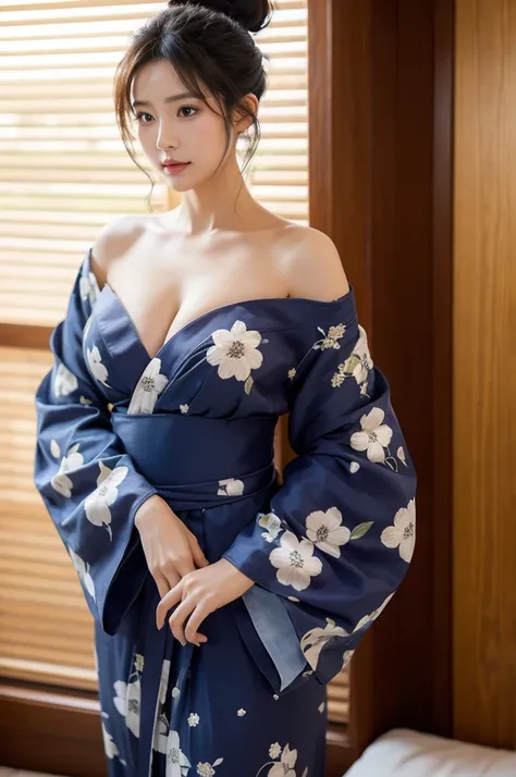 Big Tits,Clothing,Décolletage,Off the shoulder,yukata,Bun Hair,Realistic skin feel