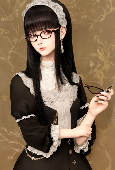 ((Highest quality)), ((masterpiece)), (detailed), tobacco, woman, Glasses, Long Black Hair, Hime cut, modern,adult