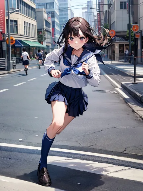 masterpiece, Highest quality, girl, serafuku, Blue ribbon, Pleated skirt, Blue socks, loafers, City Street, running,run through