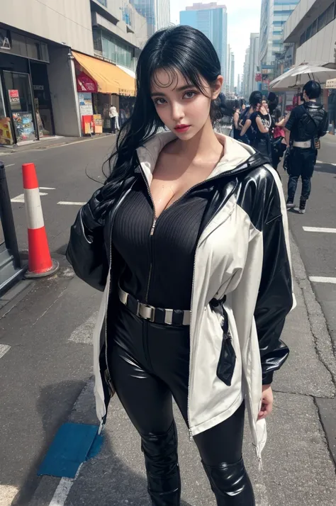 large breasts, tan, dewy skin, sweaty skin, wavy black hair, cyberpunk outfit, street, full body