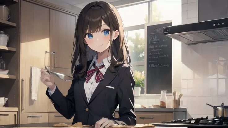 In one girl、fun、High school blazer with popular design、white shirt、pleated skirt、white skirt、（small breasts, brown hair,school ,blue eyes, de pie, smiling, lazo color rojo, clase de cocina, cocinando