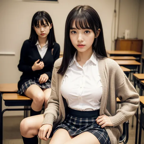 8k、high resolution、masterpiece、realistic、In detail、Fine texture、portrait from head to toe、high contrast、alone、high school girl、natural body shape、white skin、natural makeup、black hair、bangs、straight long hair、、(high  、long sleeve cardigan、white blouse、plaid...