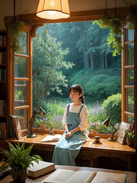 Create an illustration of a “Lofi Girl” inspired by Studio Ghibli. The scene should capture the serene, magical atmosphere typical of Ghibli films. The Lofi Girl is sitting at a wooden desk by a window, studying or writing in a notebook. She wears cozy, ca...