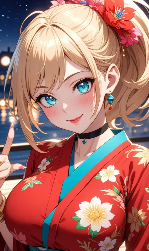 ((One personの女性)), Beautiful Face, head tilt, ((seductive smile)), ((Wink 1.9)), Laugh with your mouth wide open,((Bright red cheeks:1.4)),Shiny red lips,night,rooftop,You can see the ocean, firework,Laughing with your mouth open,Glossy pink lips,Facial li...