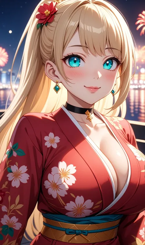 ((One personの女性)), Beautiful Face, head tilt, ((seductive smile)), ((Wink 1.9)), Laugh with your mouth wide open,((Bright red cheeks:1.4)),Shiny red lips,night,rooftop,You can see the ocean, firework,Laughing with your mouth open,Glossy pink lips,Facial li...