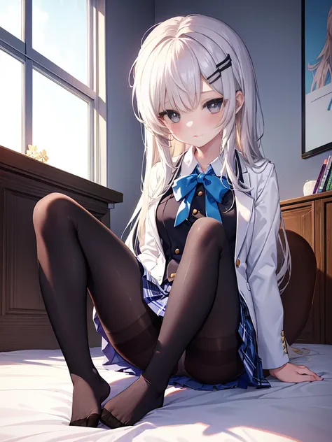 first-class、masterpiece、High resolution、(whole body)、front、Symmetric、Anatomically correct body、Accurate legs、Beautiful toes、Mature schoolgirl、(((solo)))、Small breasts、Long Hair、slightly disheveled hair、(((Black Pantyhose)))、composition、Showing white pantie...