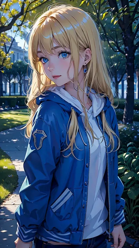 work of art, best qualityer, 1 girl, comely, Fine, dainty, extremely complex, detailded, hair blonde, jaket, blue colored eyes, ((work of art)), extremely detailded, best qualityer, high resolution, ((in a park)), Brigid, ssmile,  