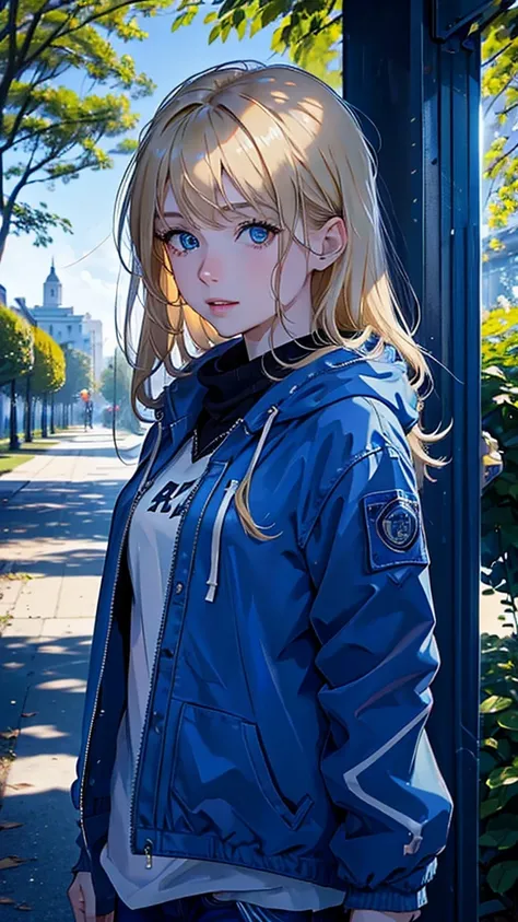 work of art, best qualityer, 1 girl, comely, Fine, dainty, extremely complex, detailded, hair blonde, jaket, blue colored eyes, ((work of art)), extremely detailded, best qualityer, high resolution, ((in a park)), Brigid, ssmile,  