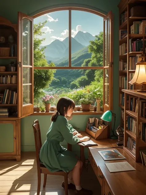 Create an illustration of a “Lofi Girl” inspired by Studio Ghibli. The scene should capture the serene, magical atmosphere typical of Ghibli films. The Lofi Girl is sitting at a wooden desk by a window, studying or writing in a notebook. She wears cozy, ca...