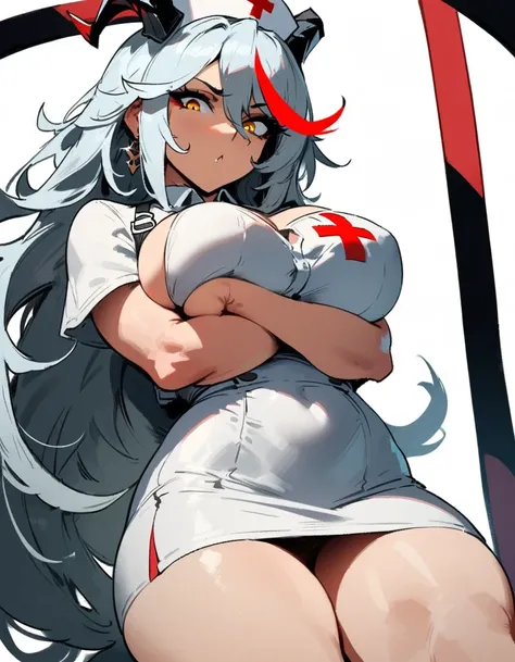 1girl, aegir (azur lane), azur lane  masterpiece, best quality, very aesthetic, absurdres, newest  sportive body,   by nyantcha,,by cutesexyrobutts,by khyle ///// white hair with a single prominent red streak, black horns, yellow eyes,  , white (nurse outf...