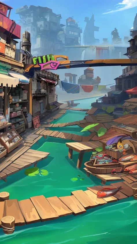 Cartoon illustration of a city with a river and a bridge, Underwater Market, 风格化的Concept Art, Fishing Village, 游戏Concept Art, 以游戏Concept Art形式进行绘制, 电子游戏的Concept Art, 风景游戏Concept Art, Stylized game art, environment design illustration, Fishing Village, envi...