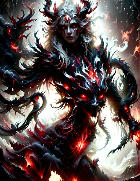 Beautiful female Demoness with, white long hair, perfect body, Strong and powerful upper body, devil skin, skins, demon armor, mist, vivid alluring eyes, blood splash, , taking your soul, skulls on the ground, Make a blood sacrifice, medieval, Dark room, l...