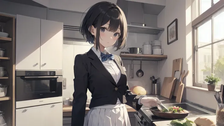 In one girl、fun、High school blazer with popular design、shirt、pleated skirt、white skirt、（small breasts ) en clase,short hair, black eyes, lazo color rojo, clase de cocina, cocinando