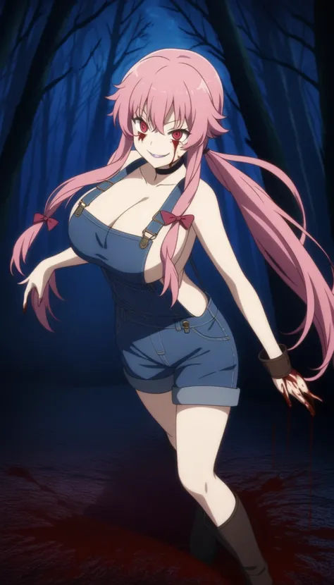 anime_still, masterpiece, best quality, 1girl, Gasai Yuno, long hair, pink hair, low twintails, smile, naked, red eyes, (large breasts:1.5),1girl, black choker, dark grey, (overalls:1.25), leather gloves, black boots, ((nigth:1.5)), (chasing you through th...