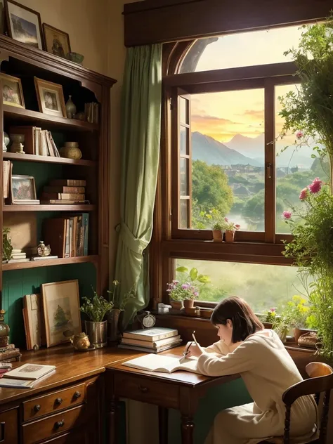 Create an illustration of a “Lofi Girl” inspired by Studio Ghibli. The scene should capture the serene, magical atmosphere typical of Ghibli films. The Lofi Girl is sitting at a wooden desk by a window, studying or writing in a notebook. She wears cozy, ca...