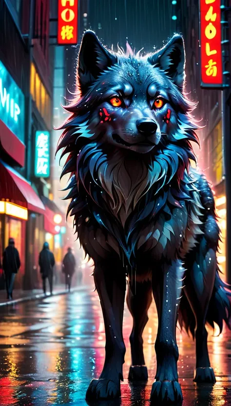 (better detailing, high qualiy), furry wolf, walking around the city, (natta, glittering lights, urban environment), (dynamic framing, fierce expression, Messy hair), (eerie glowing red eyes, detailed coat), (colored spots, wet streets), (focal point on th...