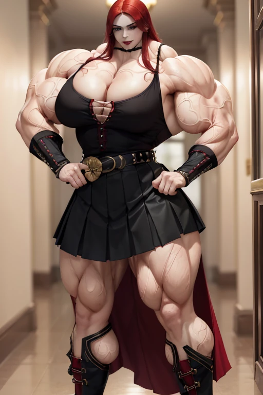 (((Massive tall, beautiful, buff, pale white skinned muscular asian woman with red hair, black lipstick, ginormous bulky muscles and wearing a beautiful red unbuttoned blouse with a beautiful black long pleated skirt))), (close view), massive muscles, mass...