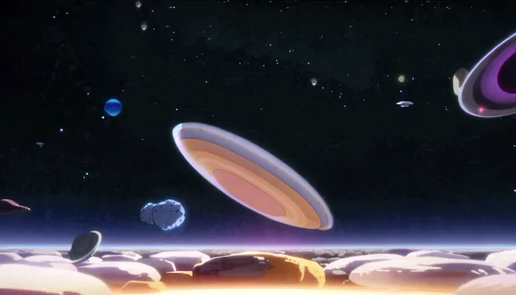 there is a picture of a group of rocks in the air, spores floating in the air, cell animation, depicted as a scifi scene, animation film still, floating planets, glowing spores flying, animation still screencap, scientific depiction, scene from starship, r...