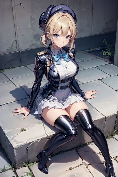 anime-style image of a woman in a short latex uniform sitting on a cobblestone sidewalk, anime drawing by shitao, pixiv contest ...