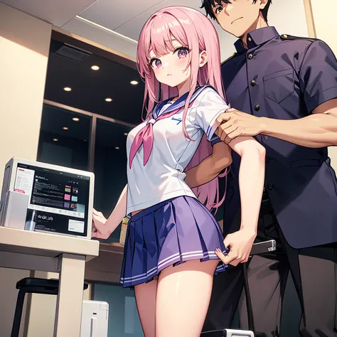 A pink-haired high school girl in a sailor uniform receives a vaccination、The man grabbed his arm、Take the syringe and stick it into your upper arm.。.